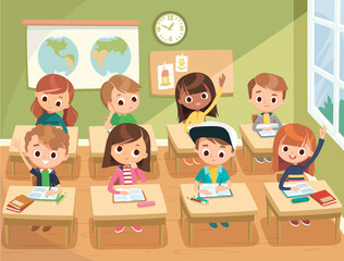 Teacher with pupils in a classroom. Pupils attend classes raising hands listen to teacher. Primary school education vector interior illustration. Teacher taking class. Back to school.