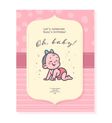 Baby shower card / invitation / poster design template with cute baby girl infant crawling on pink pattern isolated. Vector flat illustration.