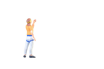Close up of Miniature people doing climbing sport isolated with clipping path on white background.