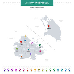 Antigua and Barbuda map with location pointer marks. Infographic vector template, isolated on white background.