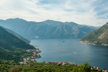 Fototapeta na wymiar View to Perast and Boka Kotorska from Gornij Stoliv. Montenegro Bay of Kotor 2018