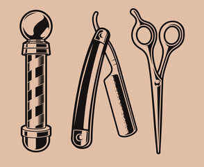 Set of vector illustration of barber pole, scissors, and a razor blade.