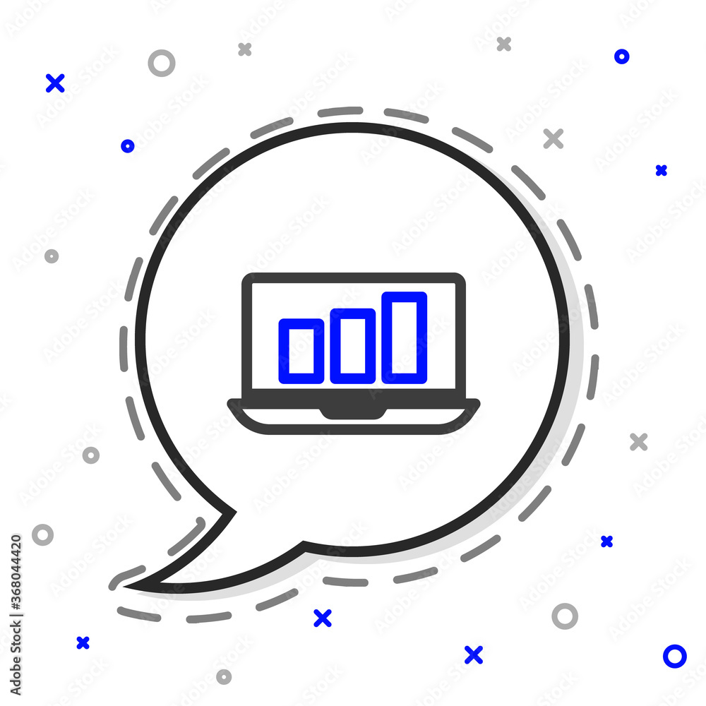 Fototapete Line Laptop with graph chart icon isolated on white background. Report text file icon. Accounting sign. Audit, analysis, planning. Colorful outline concept. Vector Illustration.