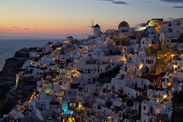 One of the most beautiful sunset view of the world, Santorini island at night in Greece, Europe