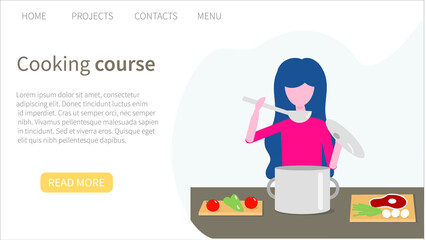 Cooking courses. Web banner template. Colored vector illustration in flat style for advertisement of cooking school, classes or lessons.