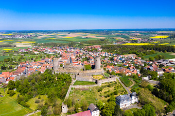 Aerial view, Münzenberg castle, Muenzenberg village, Wetterau, Hesse, Germany