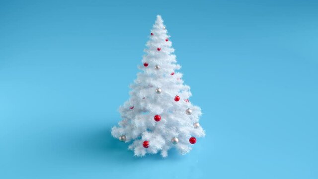 Rotating white Christmas tree with decorations on blue background. Merry Christmas and Happy New Year 3D animation. Christmas tree winter holidays symbol. 3D rendering.