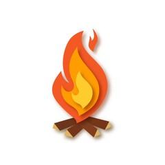 Bright flat bonfire with wood isolated on white background. Campfire, fireplace, flames. Camping, tourism. Paper cut out art digital craft style. Vector illustration