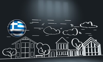 Row of different houses along the street. Home house in thin line design style. Street of large suburban homes. Family modern house. real estate concept. Flag of the Greece. 3D rendering