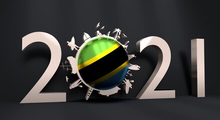Circle with tropical recreation silhouettes. Objects located around the circle. Human with surfboard, cruise ship, palm. lifeguard tower. Tanzania flag in the center. 3D rendering. 2021 year number