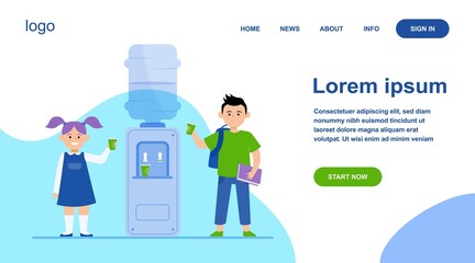 Happy children drinking water at cooler. Students, boy and girl, school hallway flat vector illustration. Beverage, refreshment, watercooler concept for banner, website design or landing web page