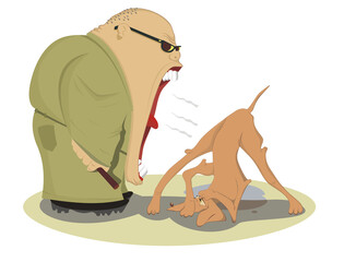 Angry trainer of the frightened dog cartoon illustration