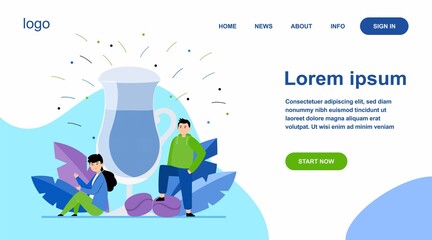 Girl and guy with big glass of latte. Sugar, morning, aroma flat vector illustration. Hot beverages and coffee break concept for banner, website design or landing web page