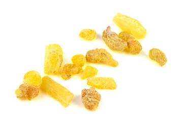 Closeup on Frankincense (Olibanum). High Grade Yellow Aroma Resin Gum. Isolated on White Background.