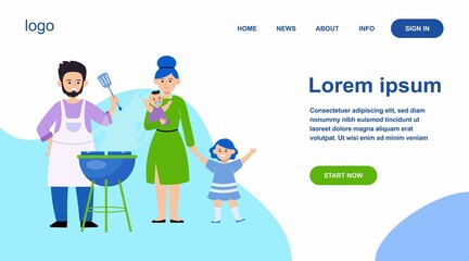 Family with kids grilling barbecue meat outdoors. Picnic, children, parents flat vector illustration. Leisure, summer, food concept for banner, website design or landing web page