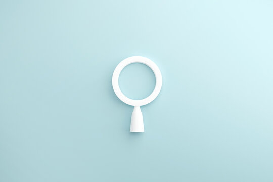 White search or magnifying glass on Blue Background, 3d render, minimal and copy space.