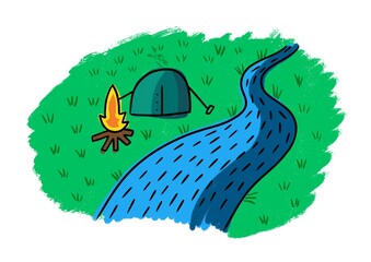 Simple illustration of campingplace by river with fire and tent.