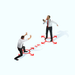 Fototapeta premium Studio shot of people demonstrating social distancing with arrows indicating the separation. Office workers during coronavirus outbreak with new rules for safety and healthcare. High angle view