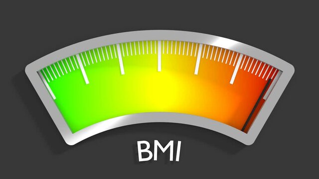 Body mass index meter read level result. Color scale with arrow from green to red. The measuring device. Colorful infographic gauge element.