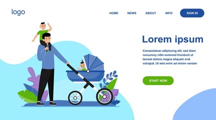 Happy father walking with children. Baby, carriage, park flat vector illustration. Family and fatherhood concept for banner, website design or landing web page