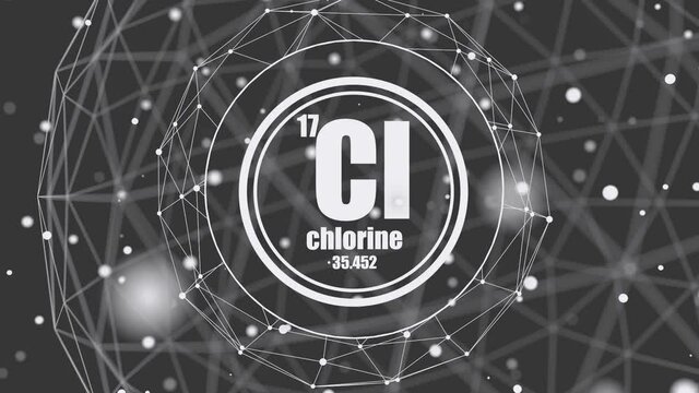 Chlorine chemical element. Sign with atomic number and atomic weight. Chemical element of periodic table. Molecule and communication background. Connected lines with dots.