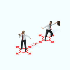 Fototapeta premium Studio shot of people demonstrating social distancing with arrows indicating the separation. Office workers during coronavirus outbreak with new rules for safety and healthcare. High angle view