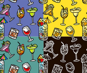seamless pattern with Cocktail drawn cartoon style, Editable templates for social media stories. to combine with your photos. Place for your photo and text. Idea for brochures and banners. 