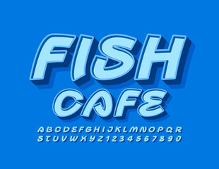 Vector modern logo Fish Cafe. Blue handwritten Font. Trendy creative Alphabet Letters and Numbers