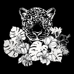 Fototapeta premium Poster / card / composition of hand drawn sketch style portrait of leopard with tropical plants isolated on black background. Vector illustration.