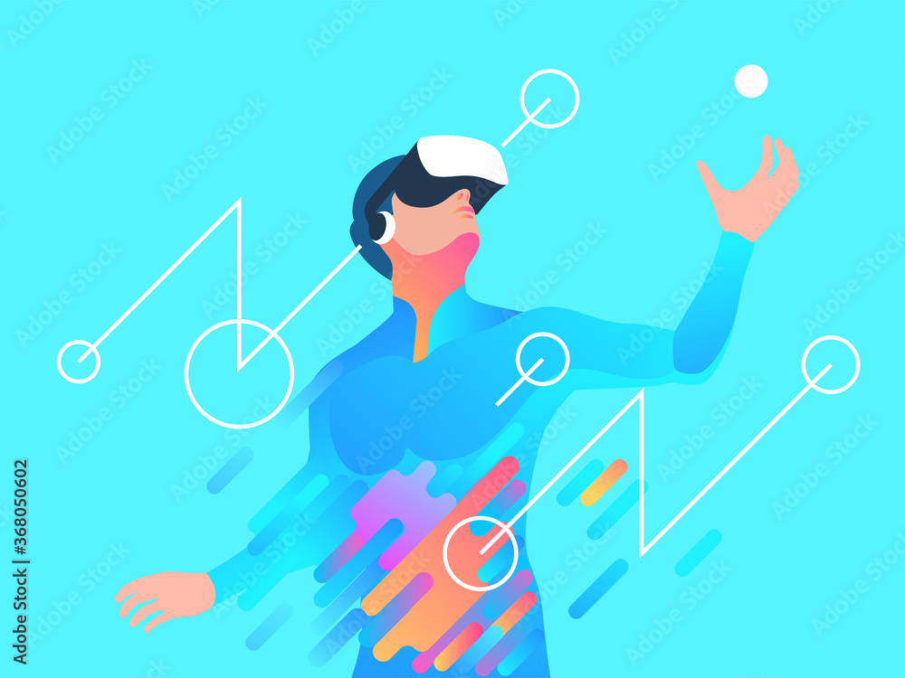 Wall mural enthusiastic man using virtual reality headset. vector illustration