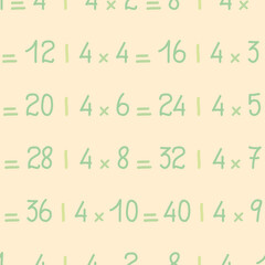 Four times table vector background pattern. Lettering math operations seamless illustration.