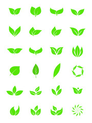 Green leaf icon set, on white background.