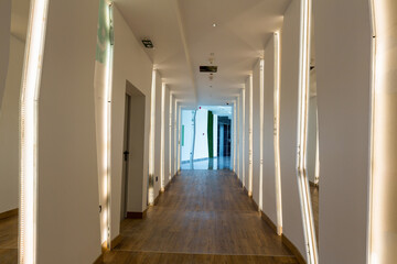 Interior of a long hotel corridor doorway