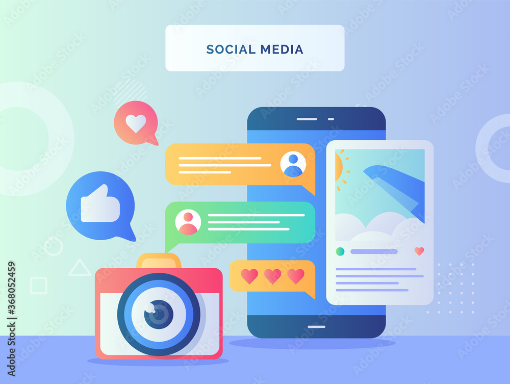 Poster social media concept camera window plane picture in front smart phone background of feedback comment