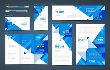 Triangles abstract theme Set flyer cover, tri-fold, banner, roll up banner, business card