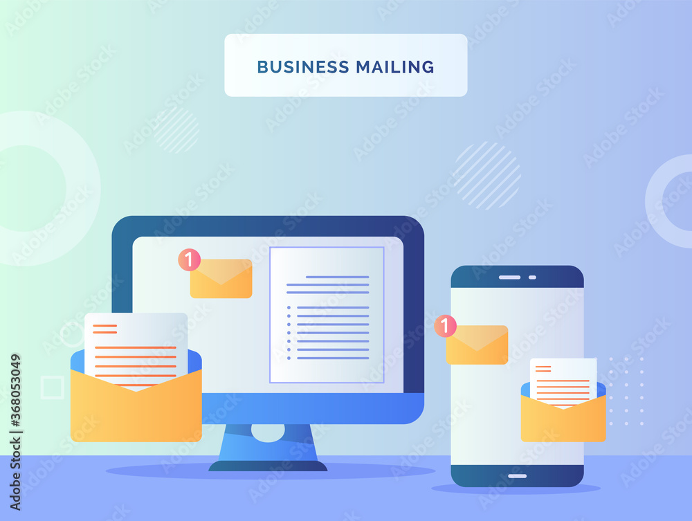 Poster business mailing concept text notification sign on monitor computer nearby smart phone with flat sty
