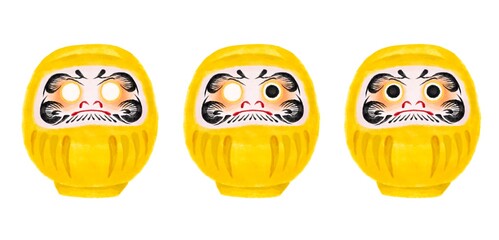 3段階のだるま　黄色　水彩風イラスト