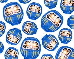 Fototapeta premium いろいろな青のだるま 水彩風イラスト