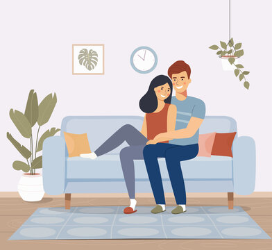 Young woman and man  sitting on sofa  in the living room. Vector flat style illustration