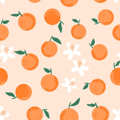 Seamless of oranges on pastel peach background vector. Cute hand drawn fruit pattern.