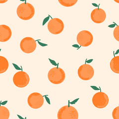 Seamless of oranges on pastel peach background vector. Cute hand drawn fruit pattern.