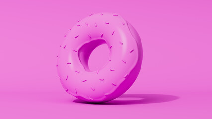 Glazed iced donut covered with sprinkles on a studio background. Stylized pink mockup. 3D render illustration