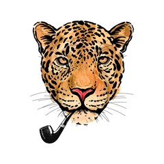 Hand drawn sketch style burlesque portrait of funny leopard with smoking pipe isolated on white background. Vector illustration.