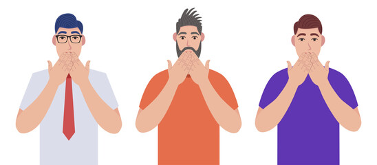 Men shocked covering mouth with hands for mistake. Hipster expression of fear, scared in silence, secret concept. Character set. Vector illustration in cartoon style.