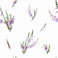 Watercolor seamless pattern of blooming heather and green twigs - obrazy, fototapety, plakaty