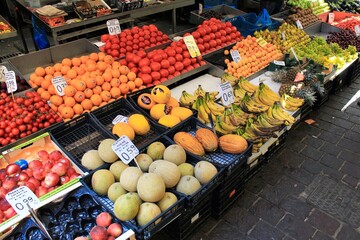 Stalls with fruits and vegetables at street market in the center of Athens in Greece, July 27 2020.