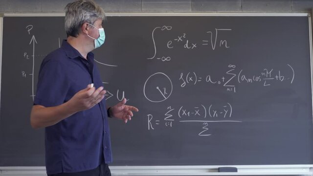 Maths Teacher wearing a face mask as a protection for the Coronavirus Pandemic. Mathematics formulas written on a black board in a school college or university classroom