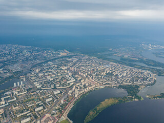 Aerial view of the Dnieper River and the city of Kiev from above. Summer sunny day.