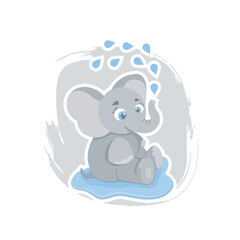 Cute cartoon elephant sitting in a puddle and washing, can be used as a print on children s clothing, vector eps 10 illustration