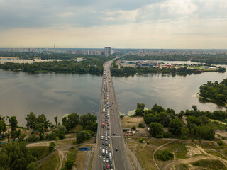 Aerial drone view. North bridge in Kiev.'